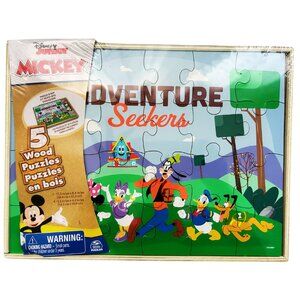 Mickey Mouse Adventure Seekers 5 Wood Puzzles In Storage Box Disney Junior 3+NEW